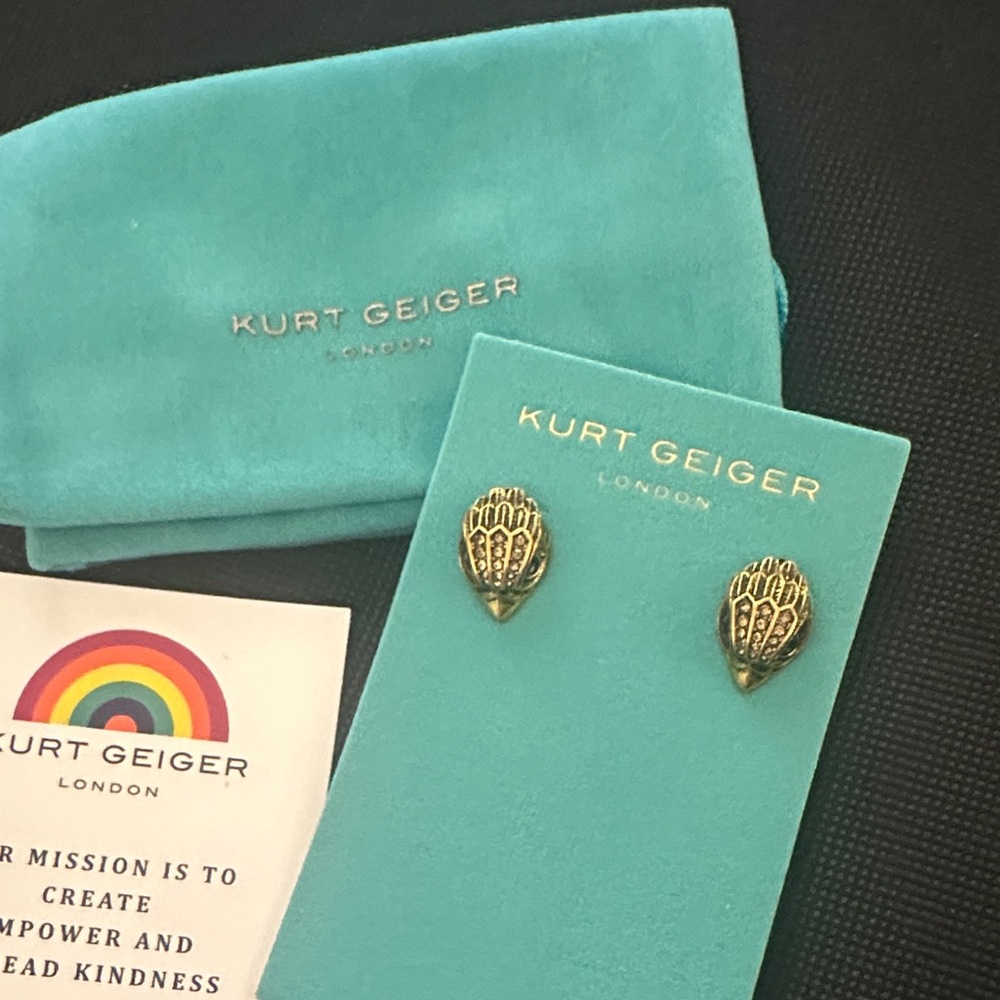 Kurt Geiger Gold Earrings with Teal Case NEW IN ORIGINAL PACKAGING
